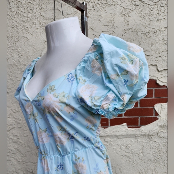 10 LoveShackFancy Estelle Floral Blue Puff Short Sleeve Midi Dress Target - Picture 6 of 16